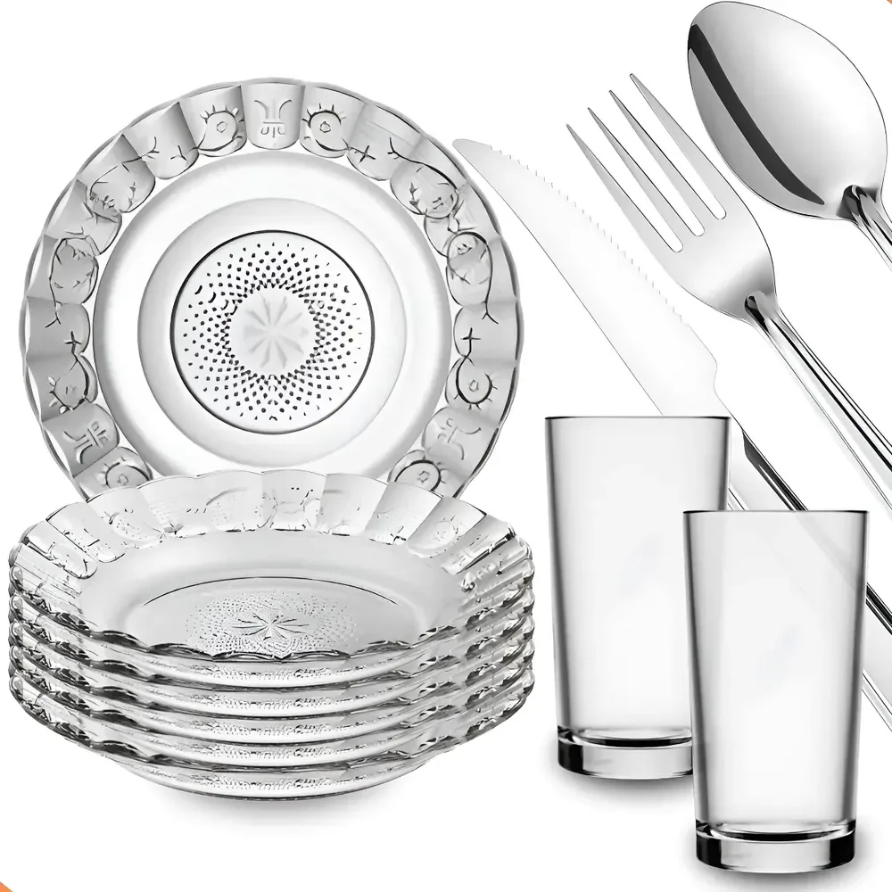 Aparelho De Jantar 30 Peças - Pratos + Copos + Talheres Inox