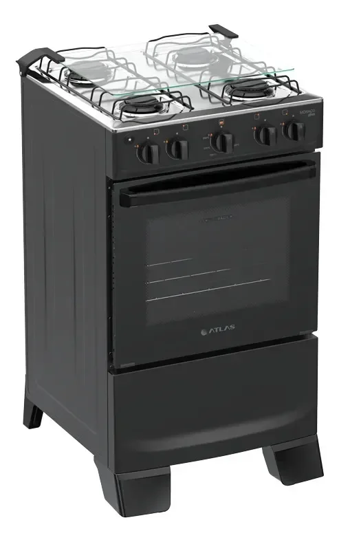 Fogão 4 Bocas Atlas Mônaco Plus com Mesa de Inox Automático Preto Bivolt