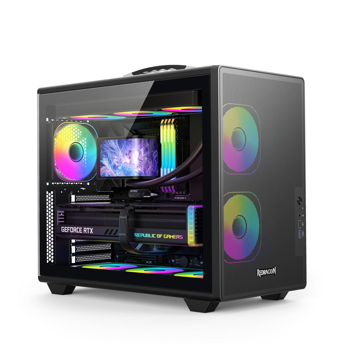 Gabinete Gamer Redragon Magic Box Preto ATX Compacto Sem Fans Painel Frontal Mesh USB 3.0 Slots PCI Rotacionáveis Com Alça CA-616B