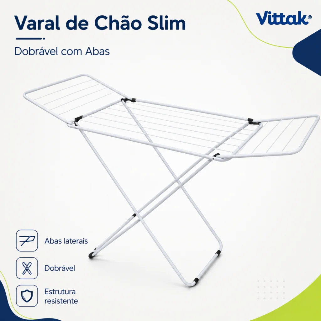 Vittak Varal De Chão Slim Reforçado Com Abas Dobráveis Branco – Portátil E Compacto