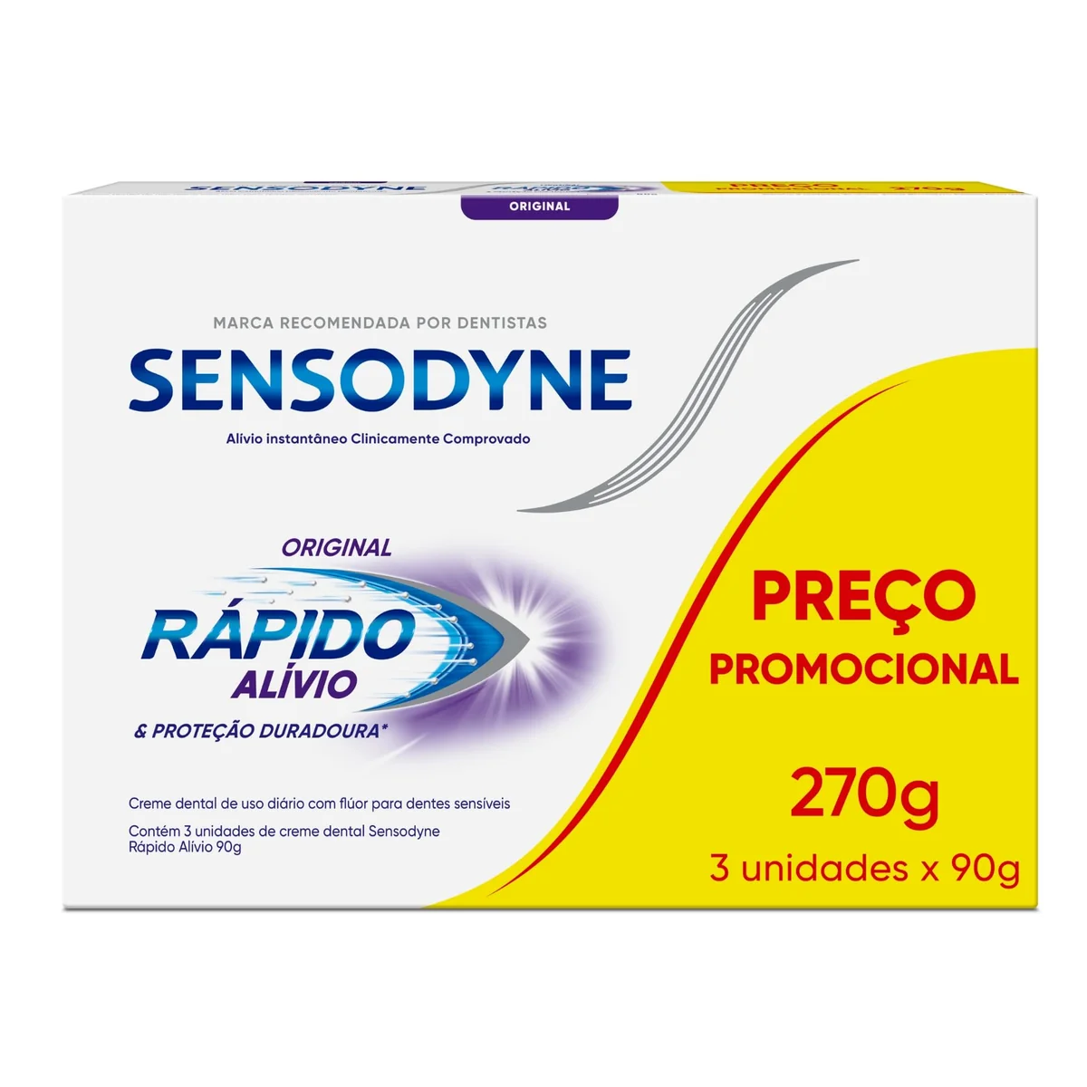 Sensodyne Creme Dental para Sensibilidade Rápido Alívio e Proteção Duradoura com Flúor, Leve 3 e Pague 2, Alívio Instantâneo, 90g cada