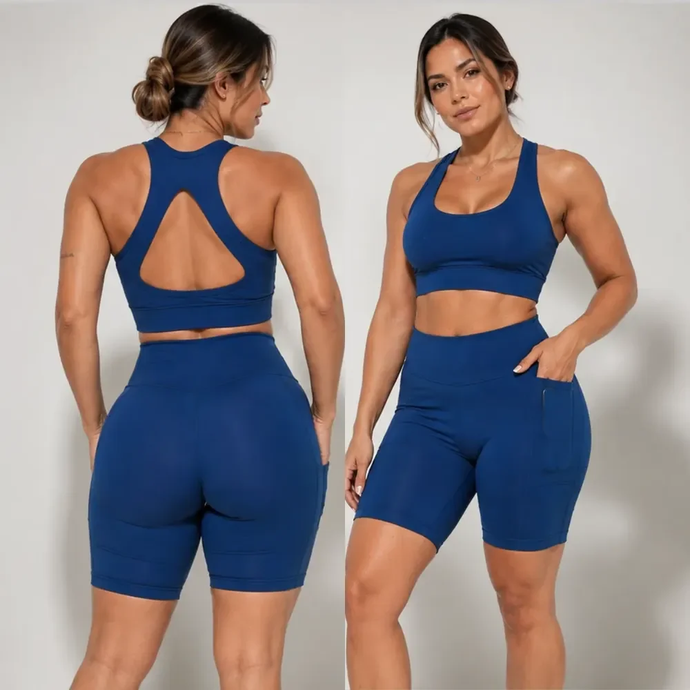 Conjunto Academia Fitness Top Short Kit Zero Transparência Azul Noturno Lisa P 36/38