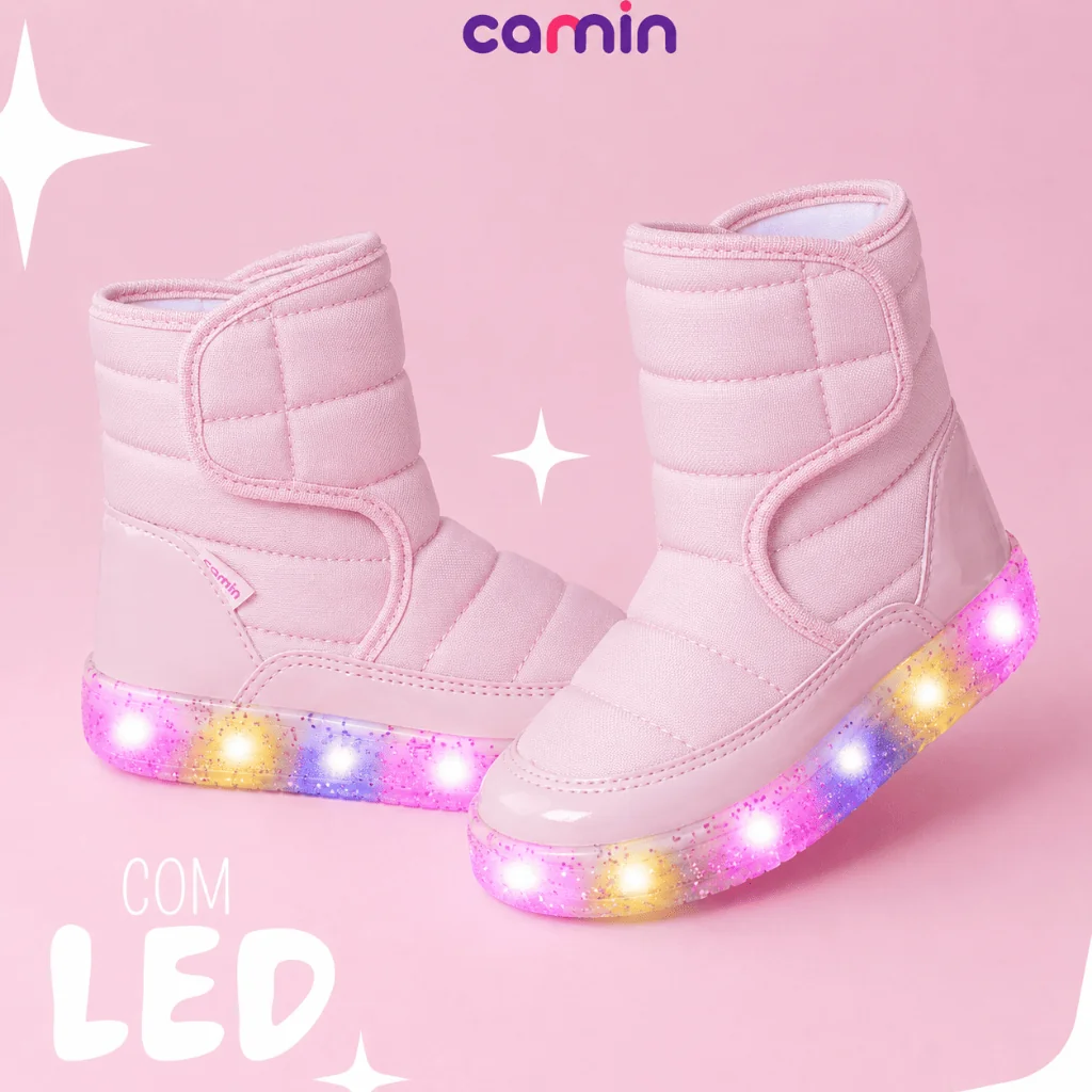 Bota Infantil Menina Cano Alto Led Botinha Feminina Camin Antiderrapante Fashion Leve Macia Promoção