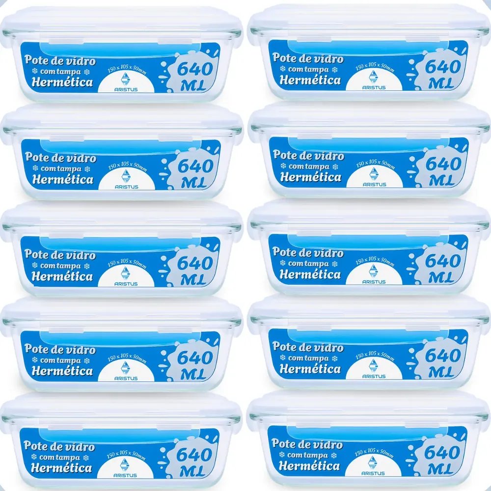 Kit 10 Potes Vidro 640ml Hermético Tampas 4 Travas Cozinha Branco