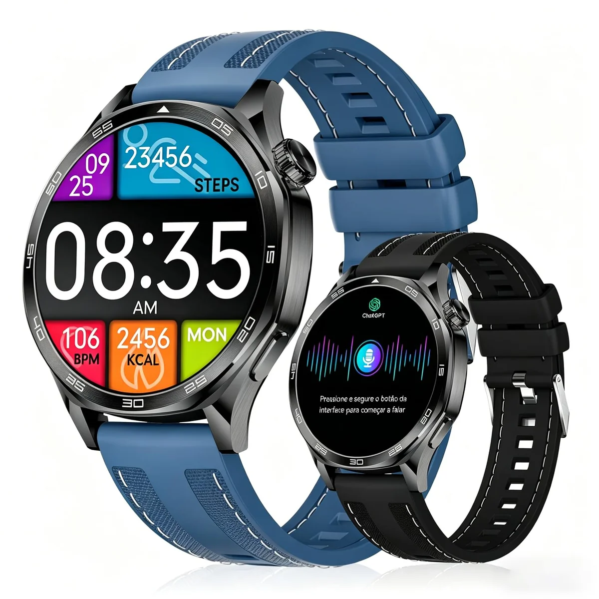 Smartwatch Relógio Inteligente com IA ChatGPT, 1.43’’ AMOLED, iOS Android, 3ATM À Prova d’Água, Monitor de Frequência Cardíaca e Sono, 100 Esportes, Inclui 2 Pulseiras (Grafite + azul)