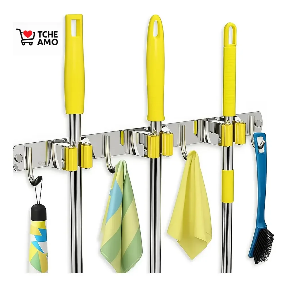 Suporte Vassoura Com 7 Acessórios (3 Presilhas E 4 Ganchos) Aço Inoxidável Não Enferruja Vassoureiro Lavanderia Compacta E Moderna Qualidade Tche Amo Prateado