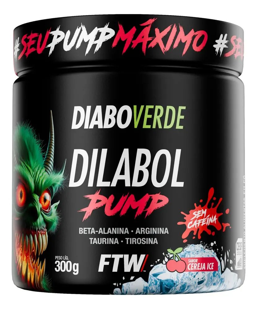 Pré Treino Dilabol Pump Diabo Verde Sem cafeína Pote 300g Sabor Cereja Ice - FTW