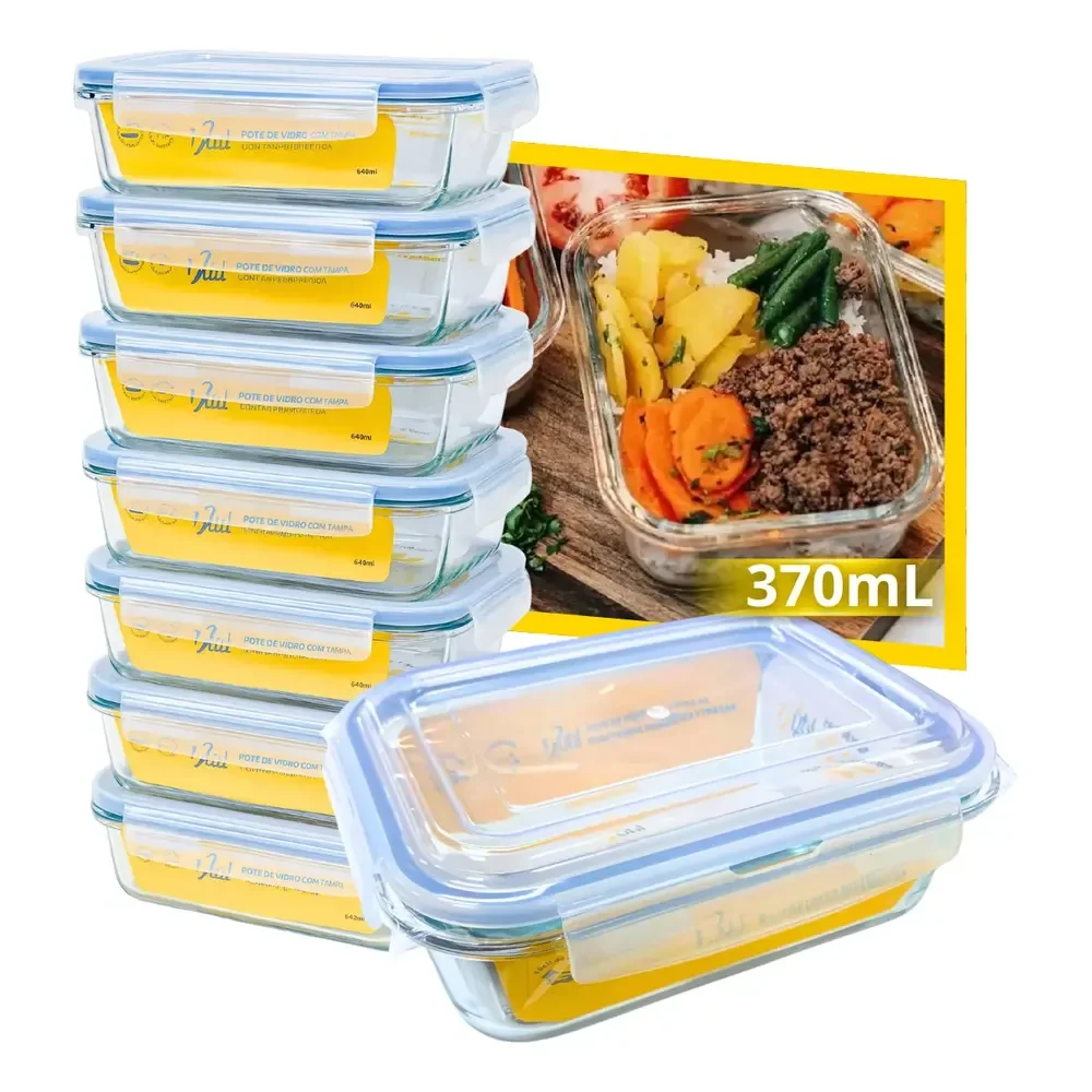 Conjunto 10 Potes Vidro Hermético 350ml 4 Travas Marmita Branco