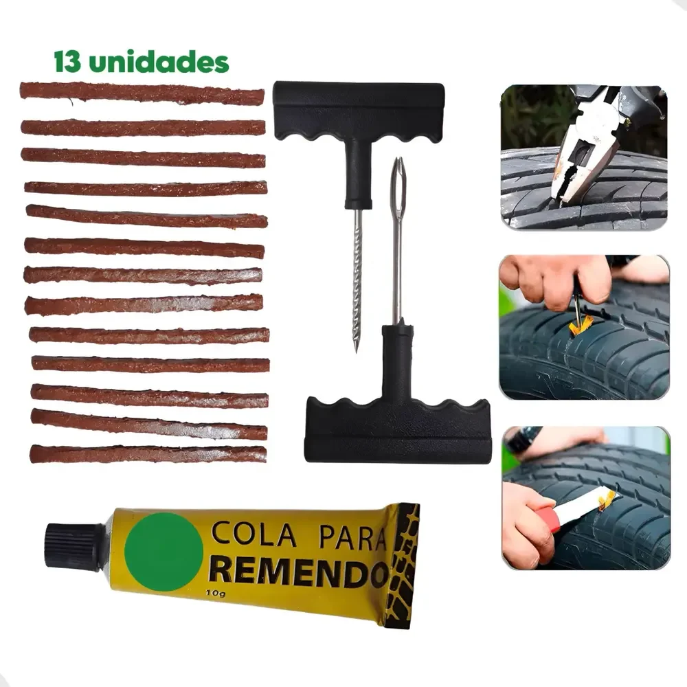 Kit Reparo Pneu Furo Remendo Carro Moto + Refil Macarrão