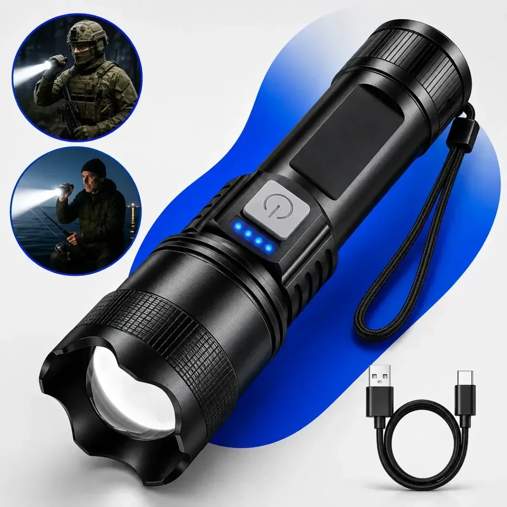 Lanterna Militar Tatica Led Cree Mais Forte Do Mundo Ultra Potente 1km Zoom Alto Brilho Resistente Agua Sitio Fazenda Brielli Home Branco Preto