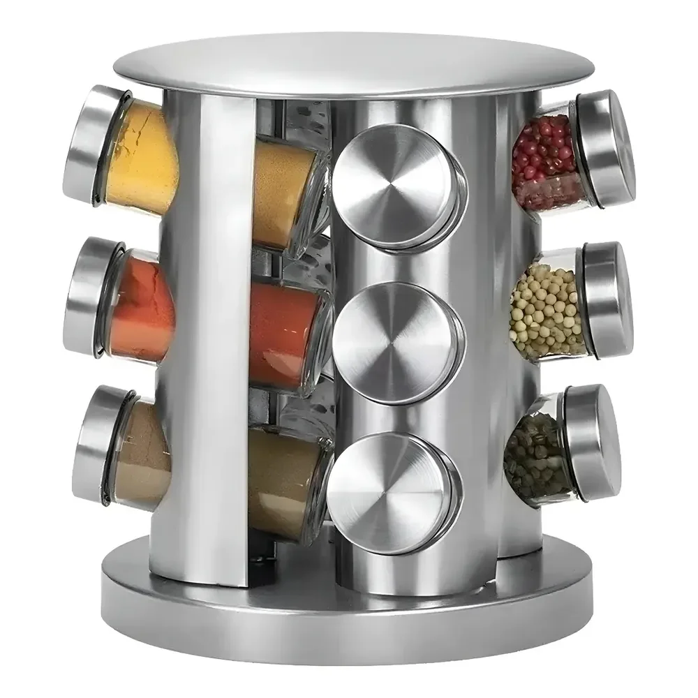 Porta-tempero Giratório Inox Futuro Casa Com 12 Potes Vidro De 80ml