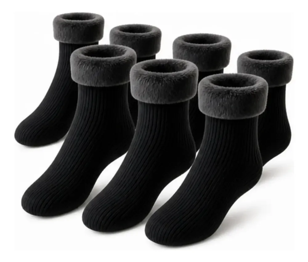 Kit 6 Meias Térmica Grossa Quente Inverno Frio Forrada Pelo Preto Kit 6 Meia 34-44