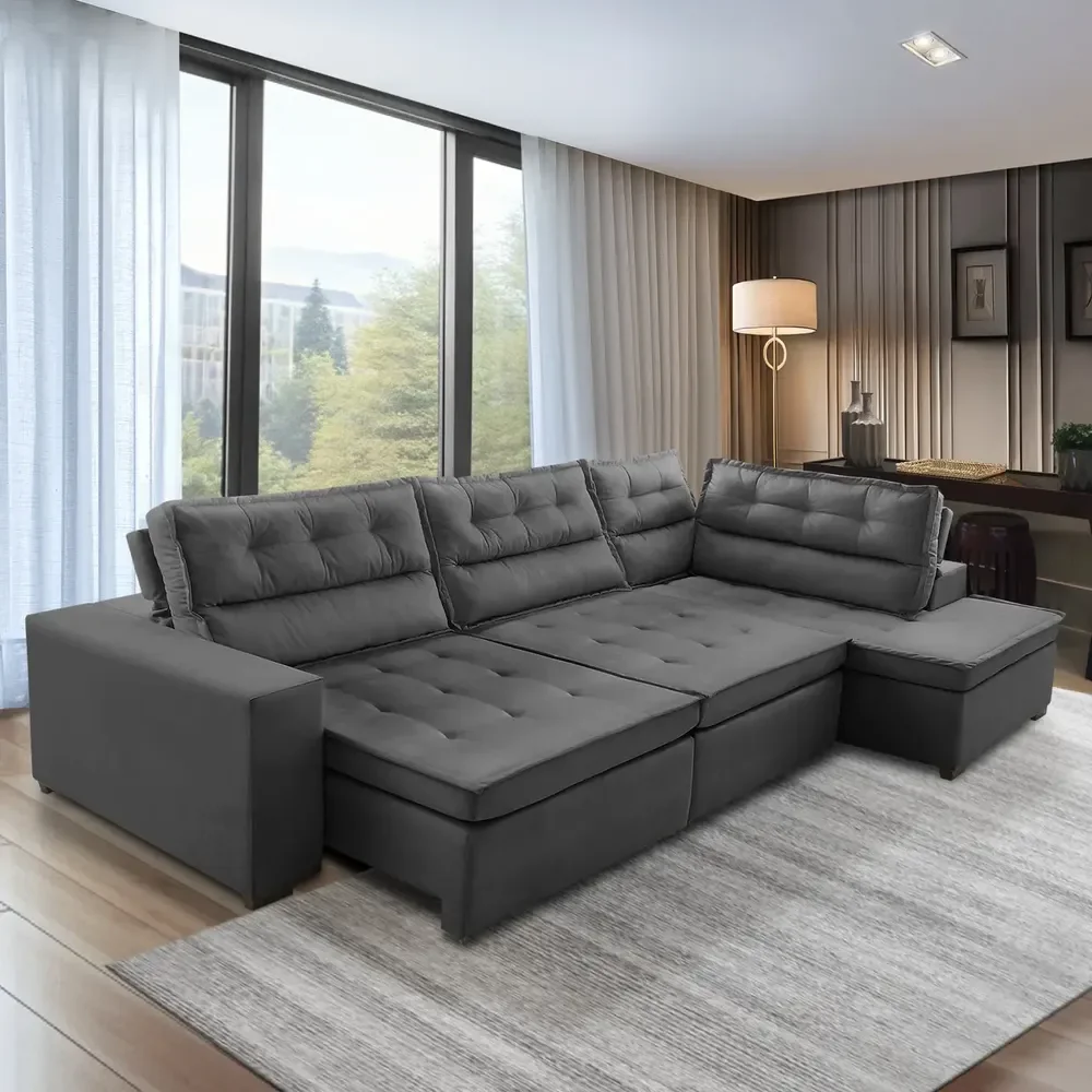 Sofá De Canto Retrátil E Reclinável Com Molas 3,00x2,00 Virginia Suede Cinza Adonai Estofados