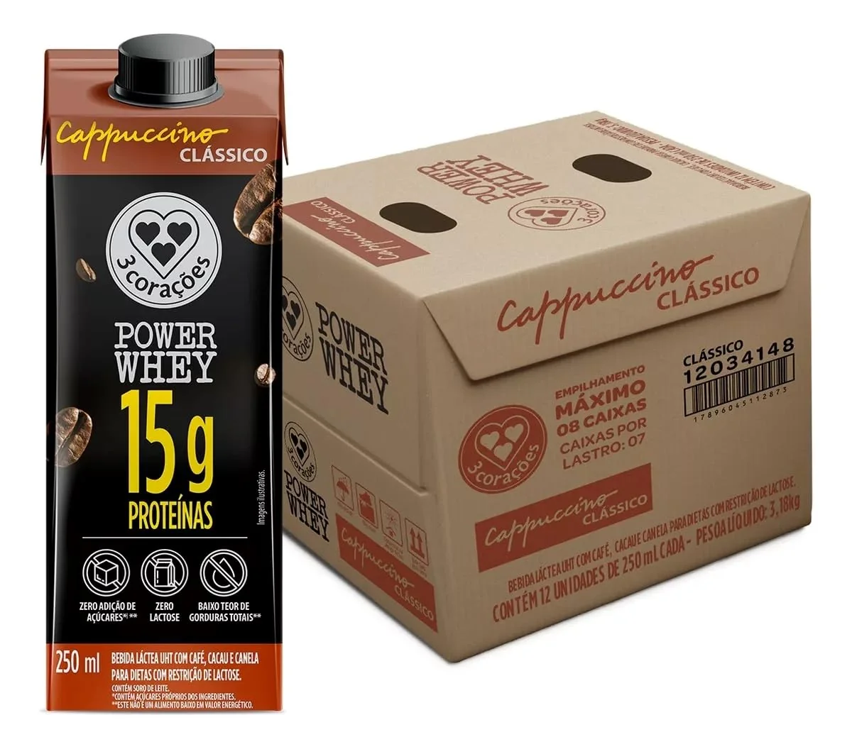 3 Corações Bebida Láctea Cappuccino Power Whey Clássico 15g de Proteína com Cafeína 250ml - 12 unidades