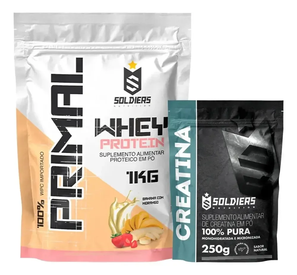 Kit: Whey Primal 1kg + Creatina 250g - Soldiers Nutrition Banana Com Morango