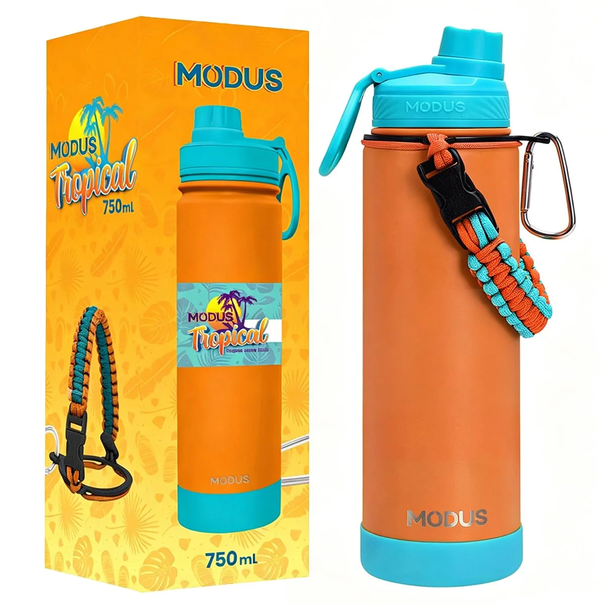 MODUS Garrafa Térmica de Aço Inoxidável 750ml a Vácuo com Alça de Paracord e Protetor Antichoque Removível (Laranja)