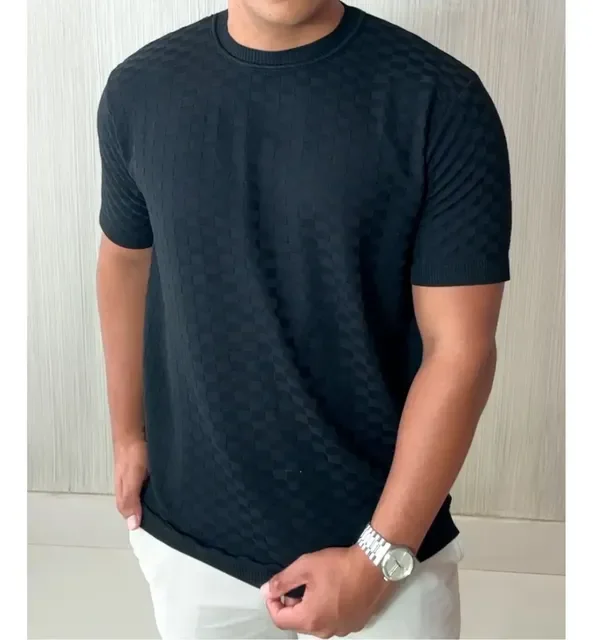 Camiseta Masculina Manga Curta Xadrez Tricô Leve Elegante