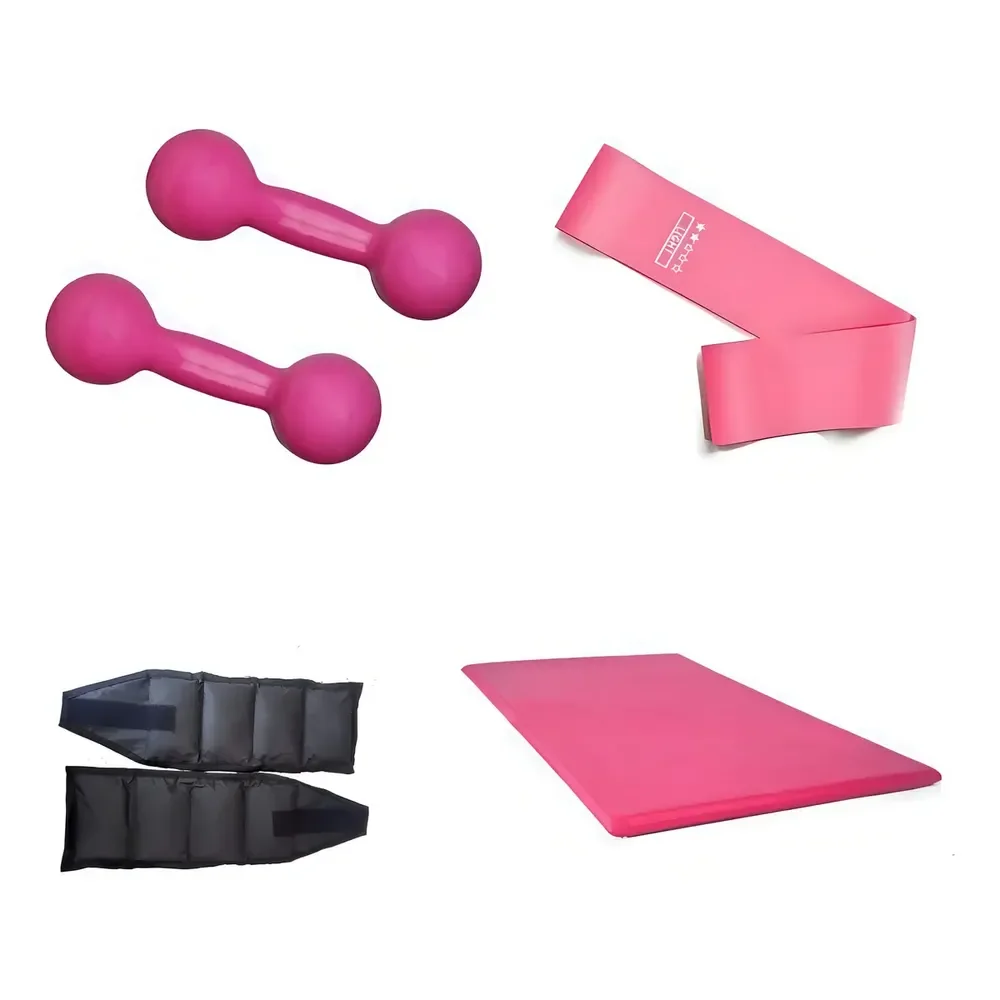 Kit Aeróbico Halter 2 Kg + Caneleira 3 Kg + Colchonete Rosa