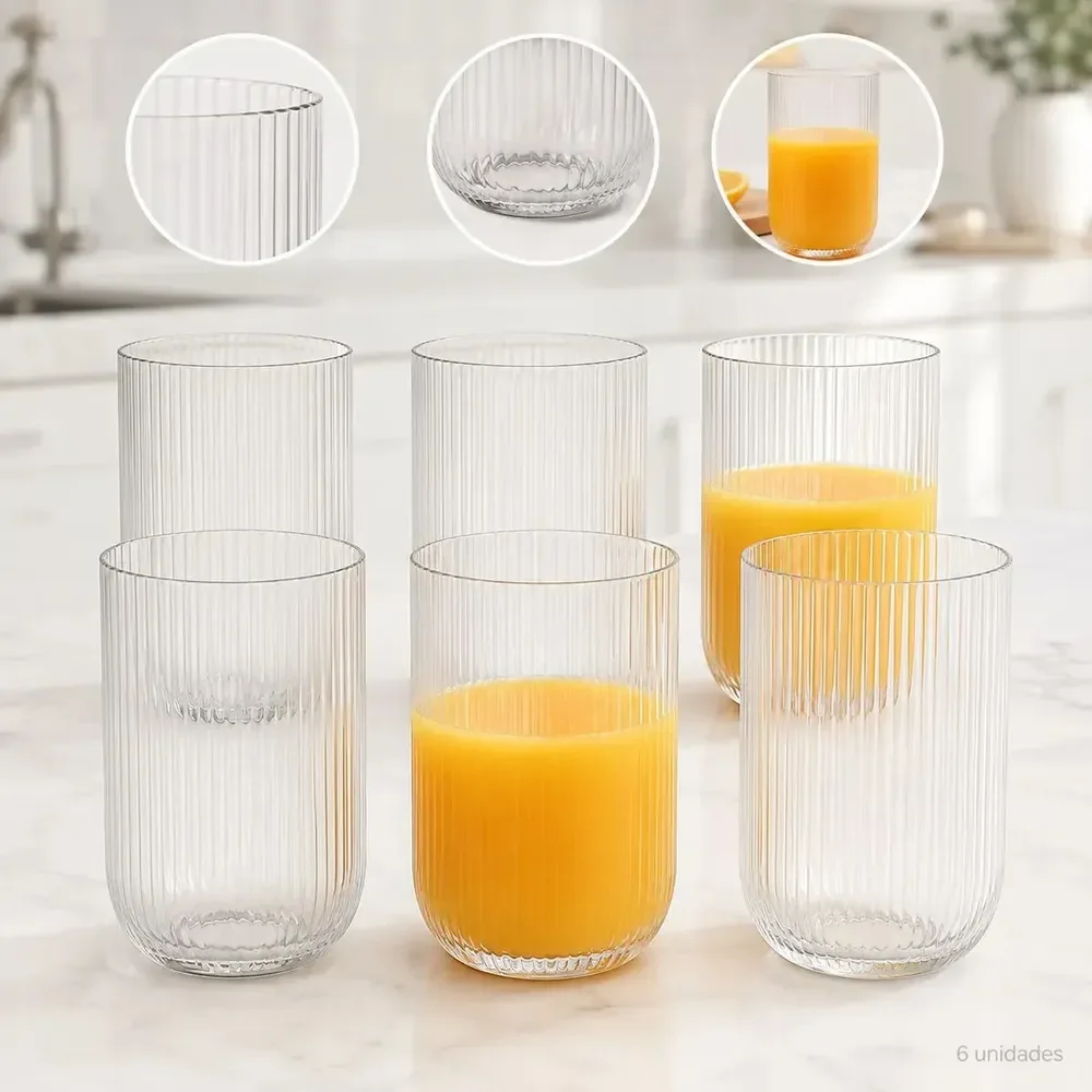 Jogo 6 Copos Vidro Canelado 423ml Luxo Elegante Mesa Posta Água Suco Drink Café Design Premium Copo Texturizado Resistente Moderno Conjunto Sofisticado Cozinha Bar Decoração