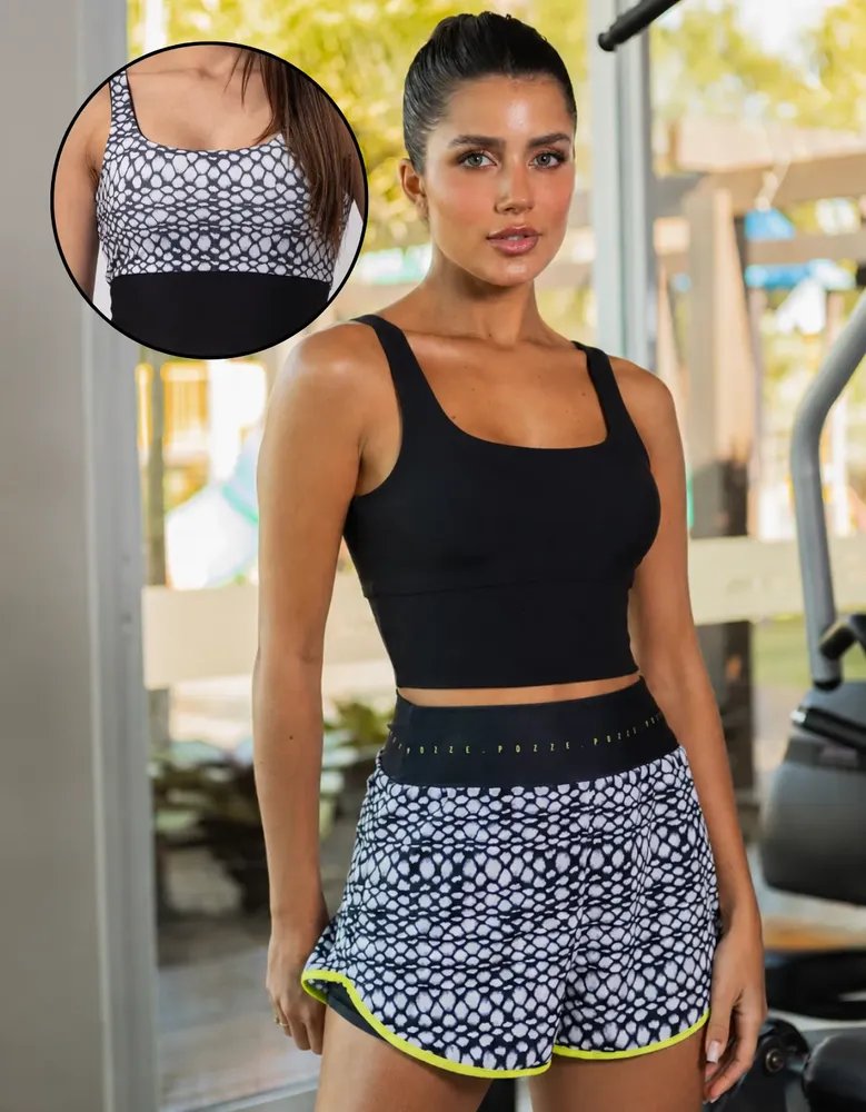 Conjunto Fitness Feminino Short Com Bolso E Top Dupla Face Preto Multicolorido Gg