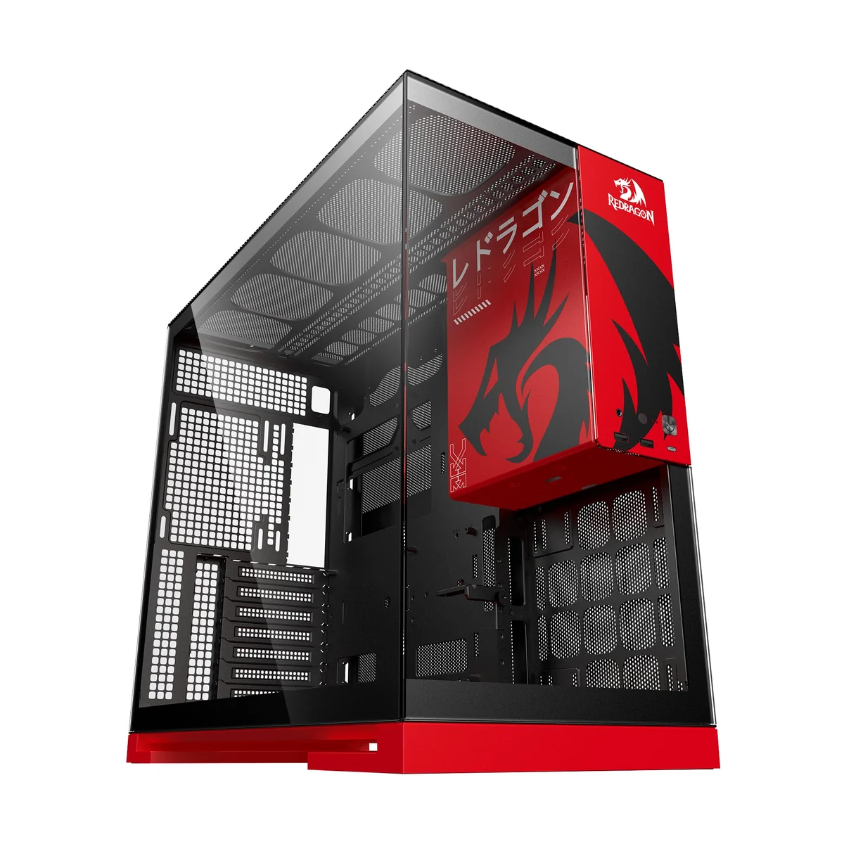 Gabinete Gamer Geometric Future Model 5 Redragon Spec Preto e Vermelho ATX Sem Fans Plataforma para Action Figures Painéis Vidro Temperado Duplo GEO-M5-RD