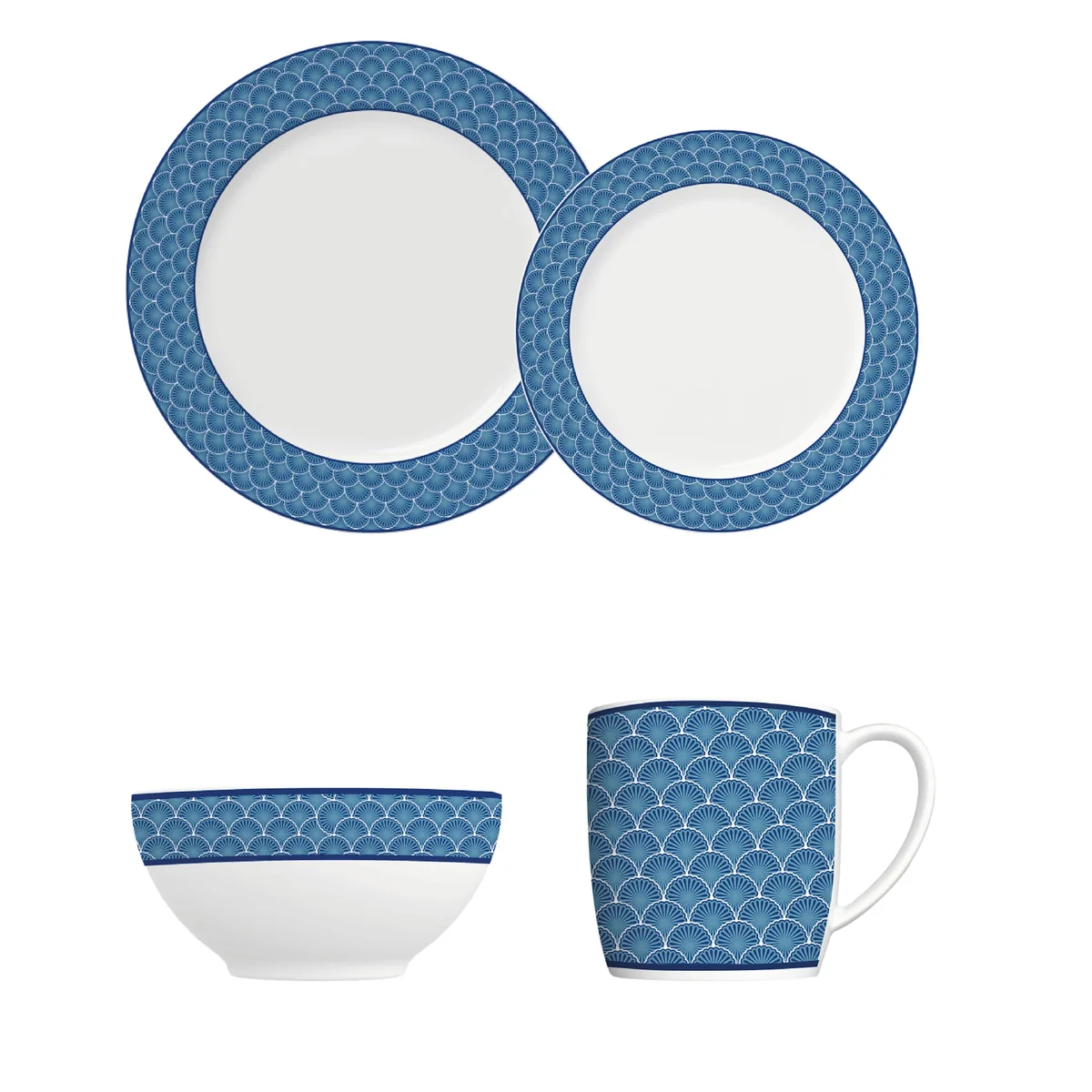 Jogo de jantar completo em porcelana, Modelo Capri, Urban, Aura Azul, 16 peças, Germer, Branco com detalhes em azul