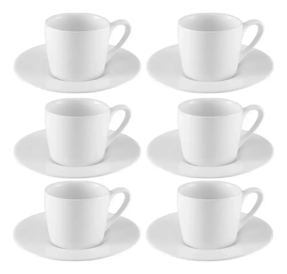 Jogo Xícaras Café Com Pires Porcelana Branca 12 Peças