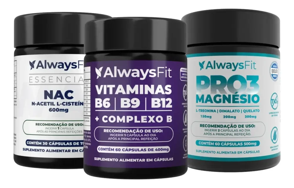 Kit Alwaysfit Pro3magnésio + Nac E Vitaminas B6b9b12 Sem Sabor