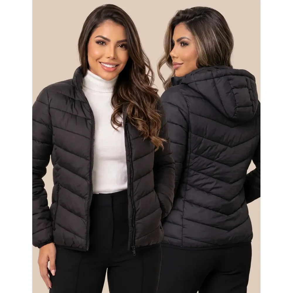 Jaqueta Feminina Puffer Impermeável Capuz Inverno Frio Preto M(38/40)