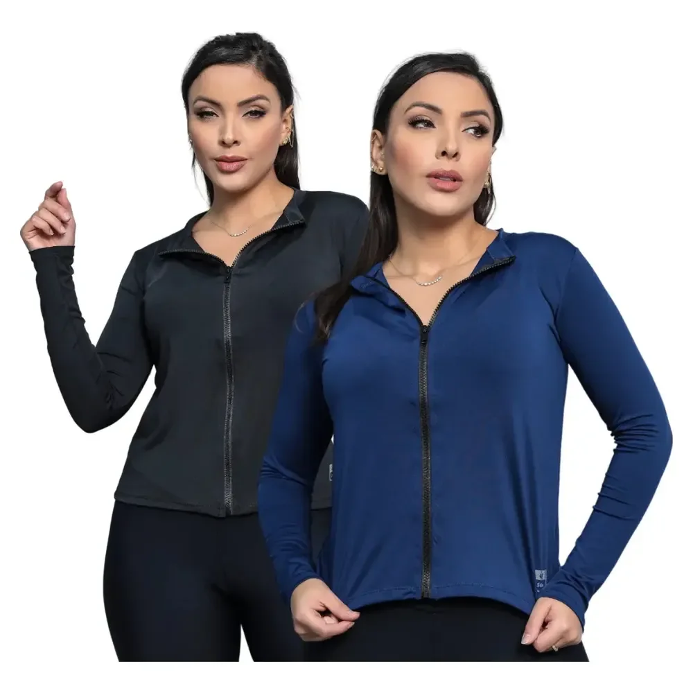 Kit 2 Casaco Blusa Solar Treino Proteção Termica Uv Academia Preto - Azul Marinho M