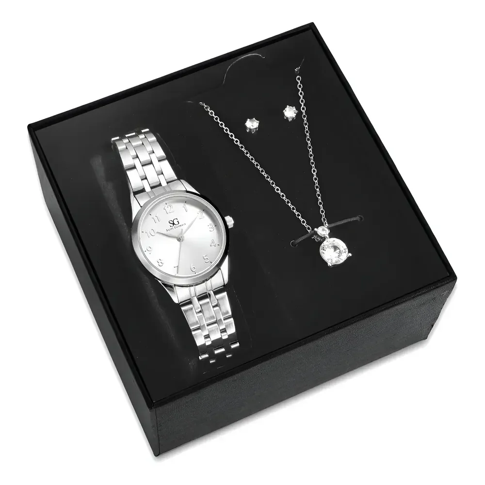 Kit Relógio Colar E Brincos Ponto De Luz Feminino Luxo Silver Saint Germain Presente Original Joias Prata Elegante Clássico 28mm Prateado