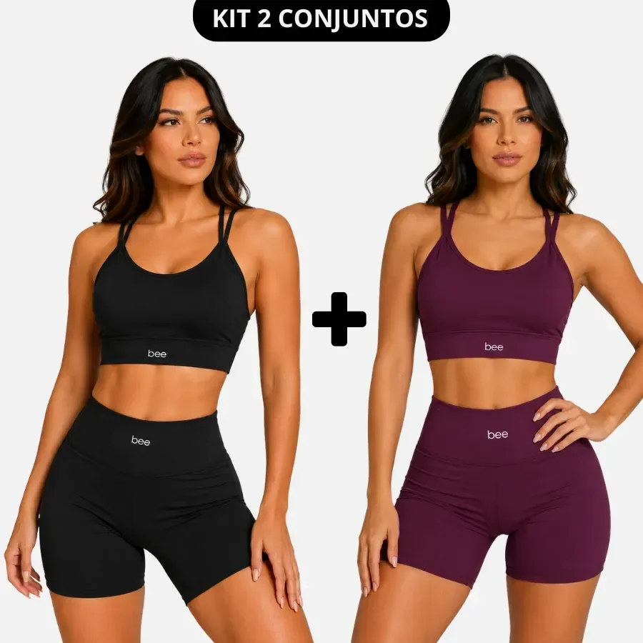 Kit 2 Conjuntos Fitness Modelador Feminino Blackout Preto E Roxo M
