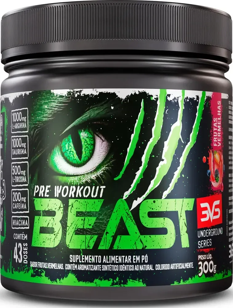 Pré-treino Beast 300g Sabor: Frutas Vermelhas - Ultra Concentrado - Promove Vasodilatação, Recuperação Energética, Aumento De Óxido Nítrico, Desintoxicação E Melhora De Concentração E Foco