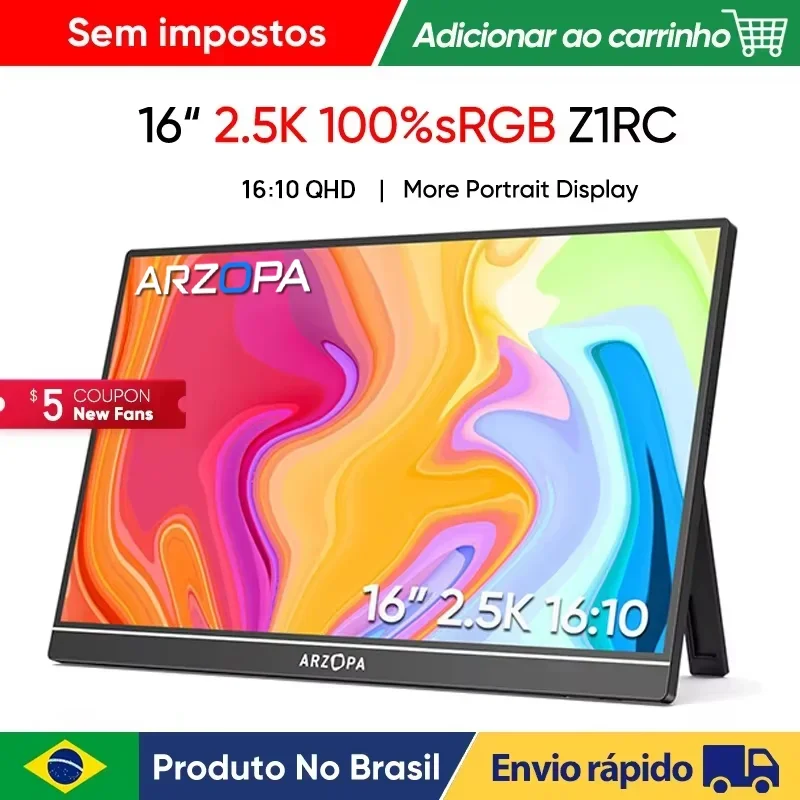 Monitor Portátil ARZOPA de 16 Polegadas 2K, Tela IPS 16:10 com Tipo-C e Mini HDMI, Segundo Display para MAC/Laptop/PC/Xbox/PS4/5/Switch, Z1RC