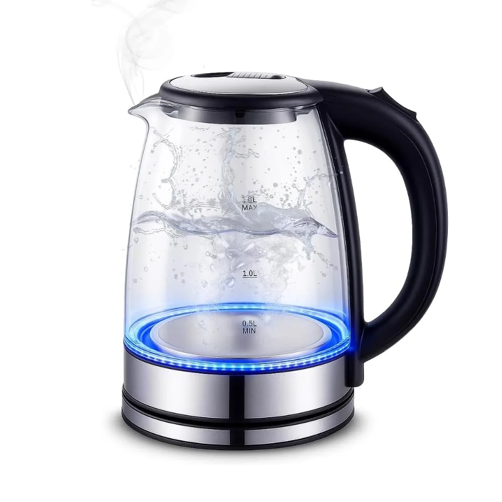Chaleira Elétrica de Vidro Transparente 1,8L 220V com LED Azul 1500W – Aquecimento Rápido, Desligamento Automático e Base 360° | Ideal para Chá, Café e Água Quente