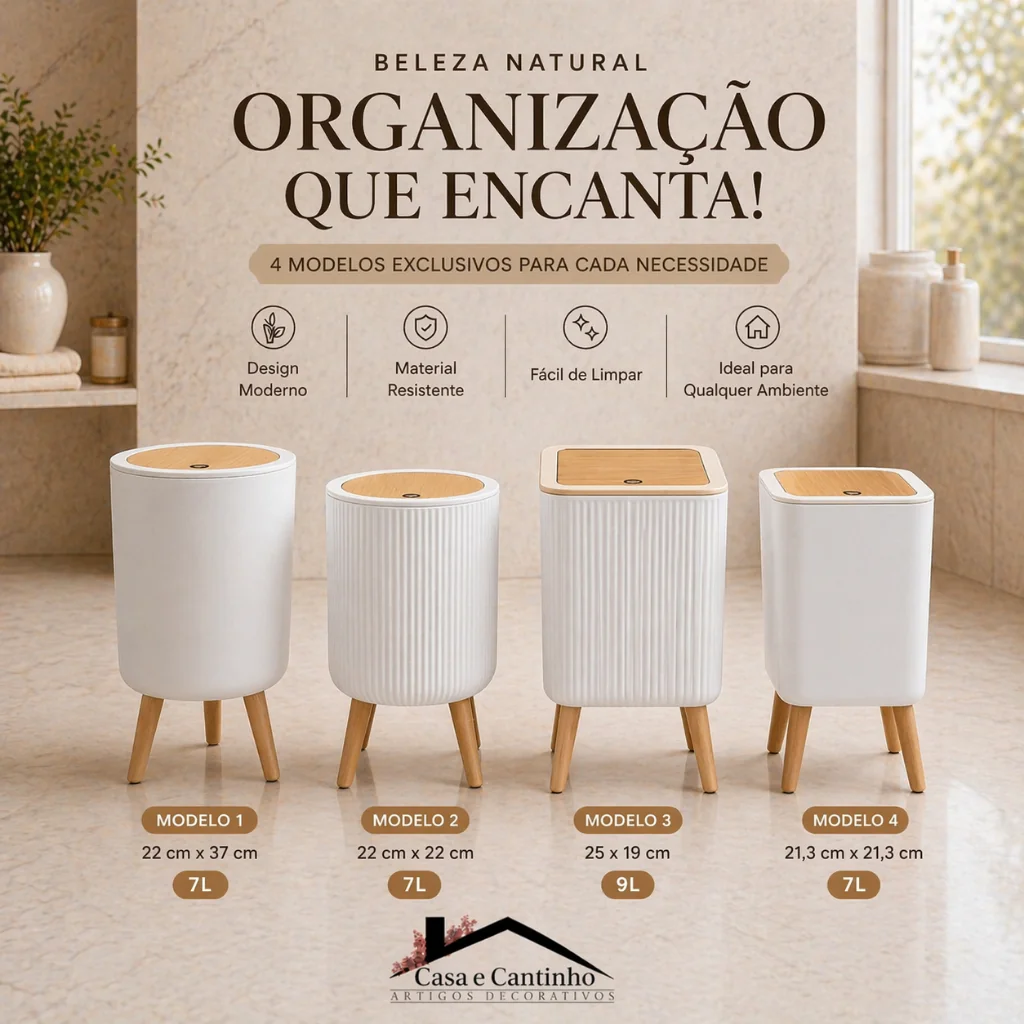 Lixeira De Plástico 9 ou 8 Litros Branca Com Pés e Tampa Click De Pressão Cozinha Banheiro