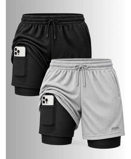 Kit 2 Bermudas 2 Em 1 Short Duplo Masculino Academia Treino