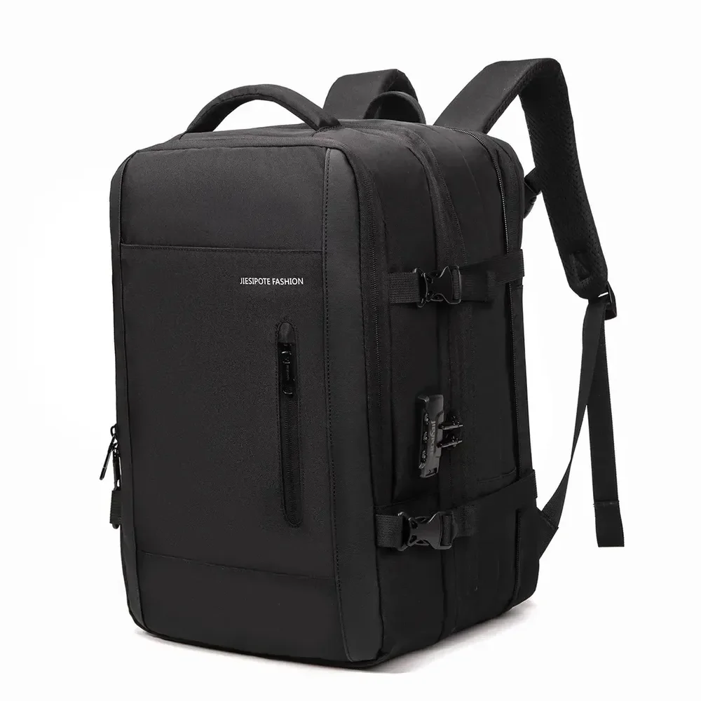 Mochila para computador masculina, com fecho de senha, capacidade expansível de 25-40L, impermeável, reforçada, com espaço para notebook e porta USB, ideal para viagens e deslocamentos diários.