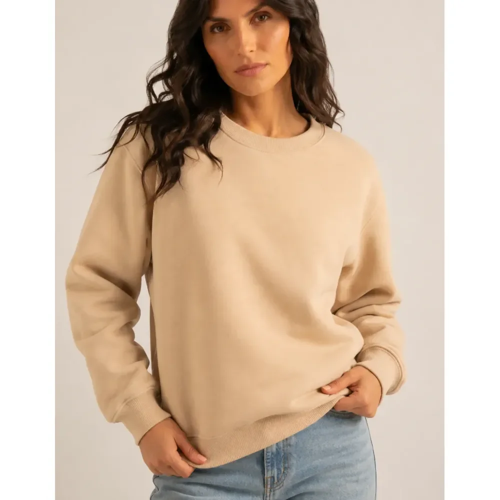 Moletom Blusa De Frio Fechada Aveludada Gola Redonda Inverno P Bege Liso