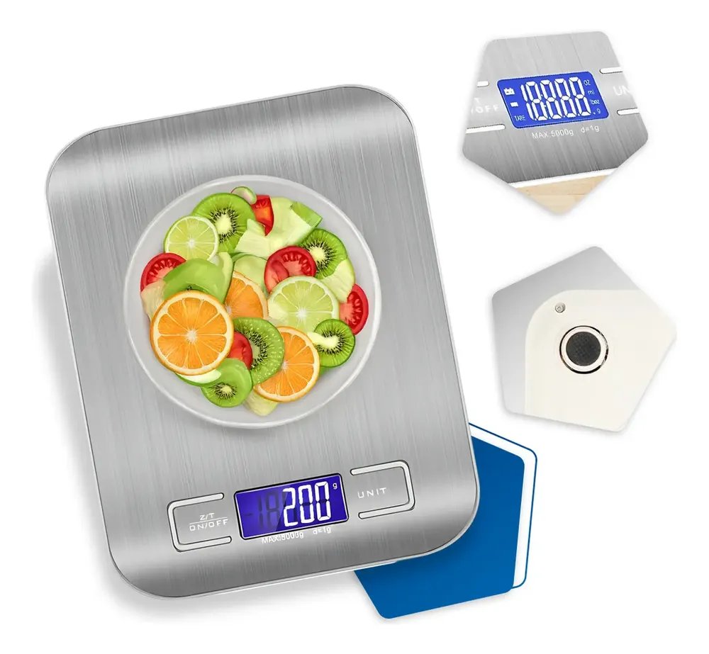 Balança Digital Cozinha Fitness Inox 10kg Alimentos Visor Grande Alta Precisão Pesar Dieta Portátil Profissional E Domestico Confeitaria Nutricional Ingredientes Foods Comida Prateada Pilha Nixzen