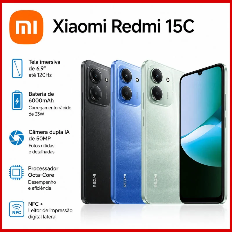 (Novo) Câmera Xiaomi Redmi 15C preto 8GB+256GB RAM,4GB+128GB RAM