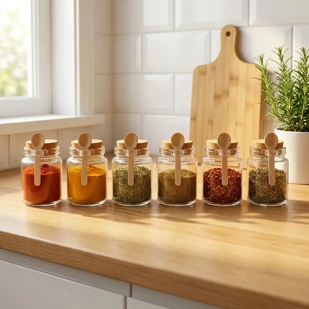 6 Potes Para Temperos Grande Vidro Com Colher De Bambu 240ml Transparente
