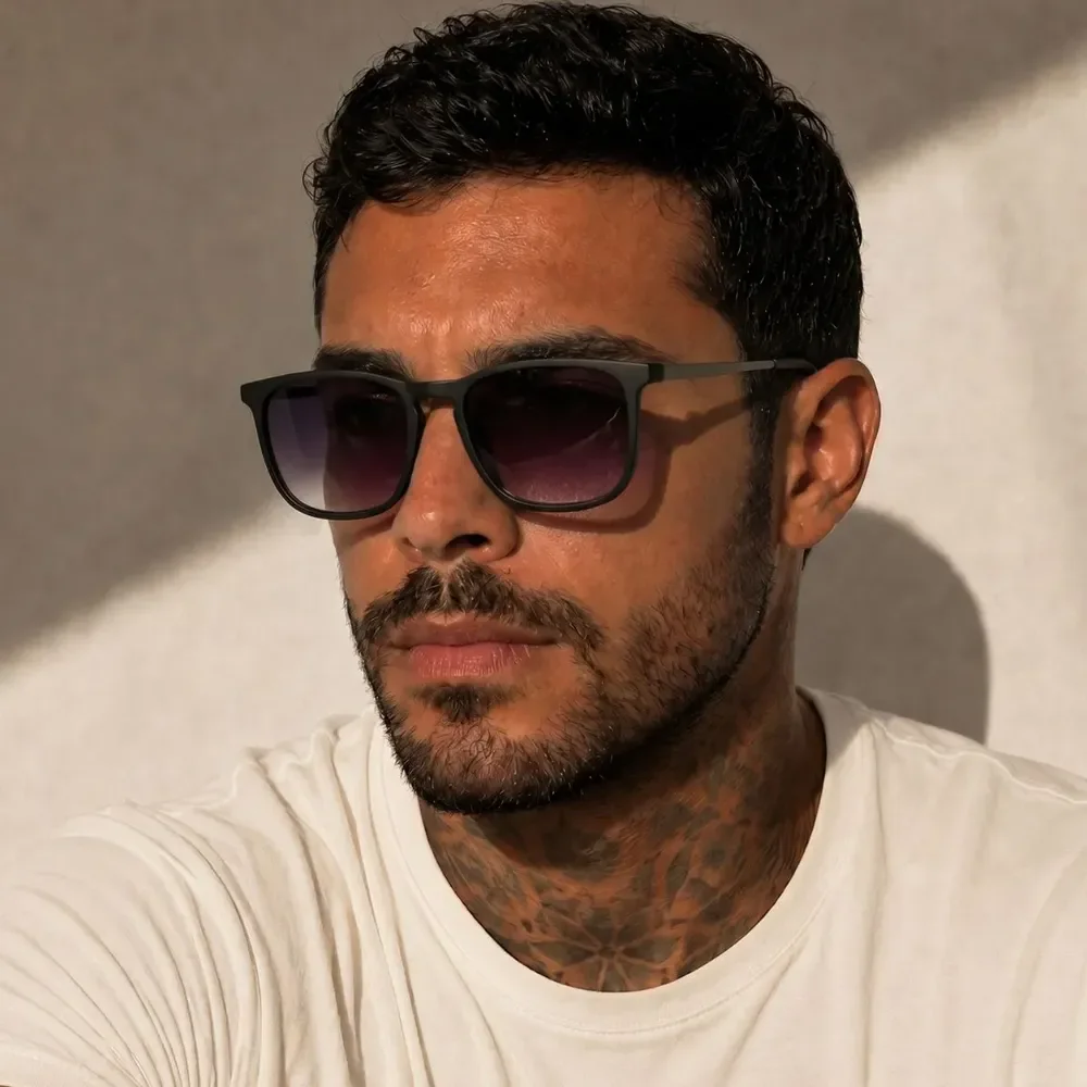 Óculos De Sol Masculino Moderno Estiloso Casual Uv Premium Quadrado Armação Preta/ Lente Preta Degradê Preto