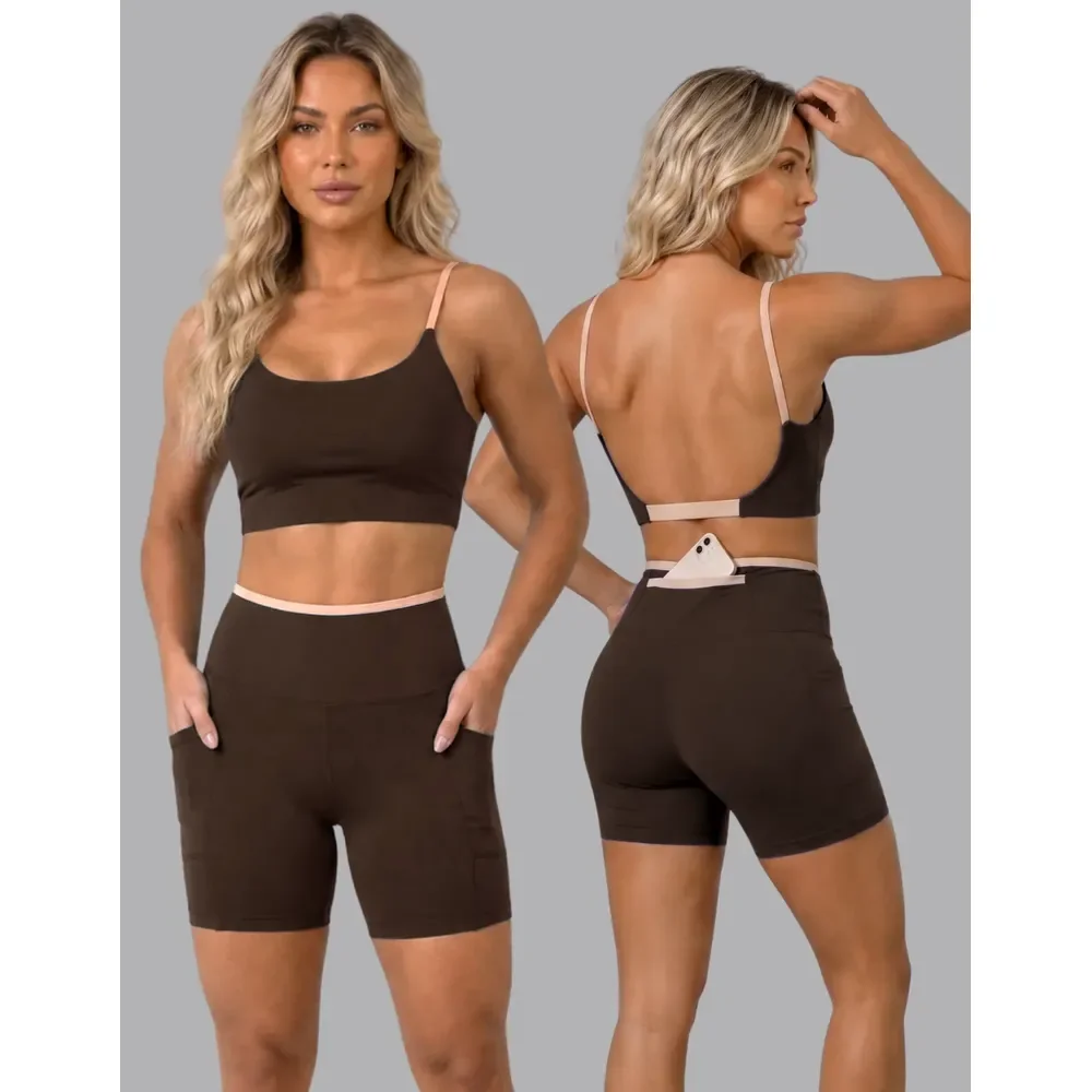 Conjunto Academia Fitness Top E Short Kit Zero Transparência Marrom/areia Lisa G 40/42
