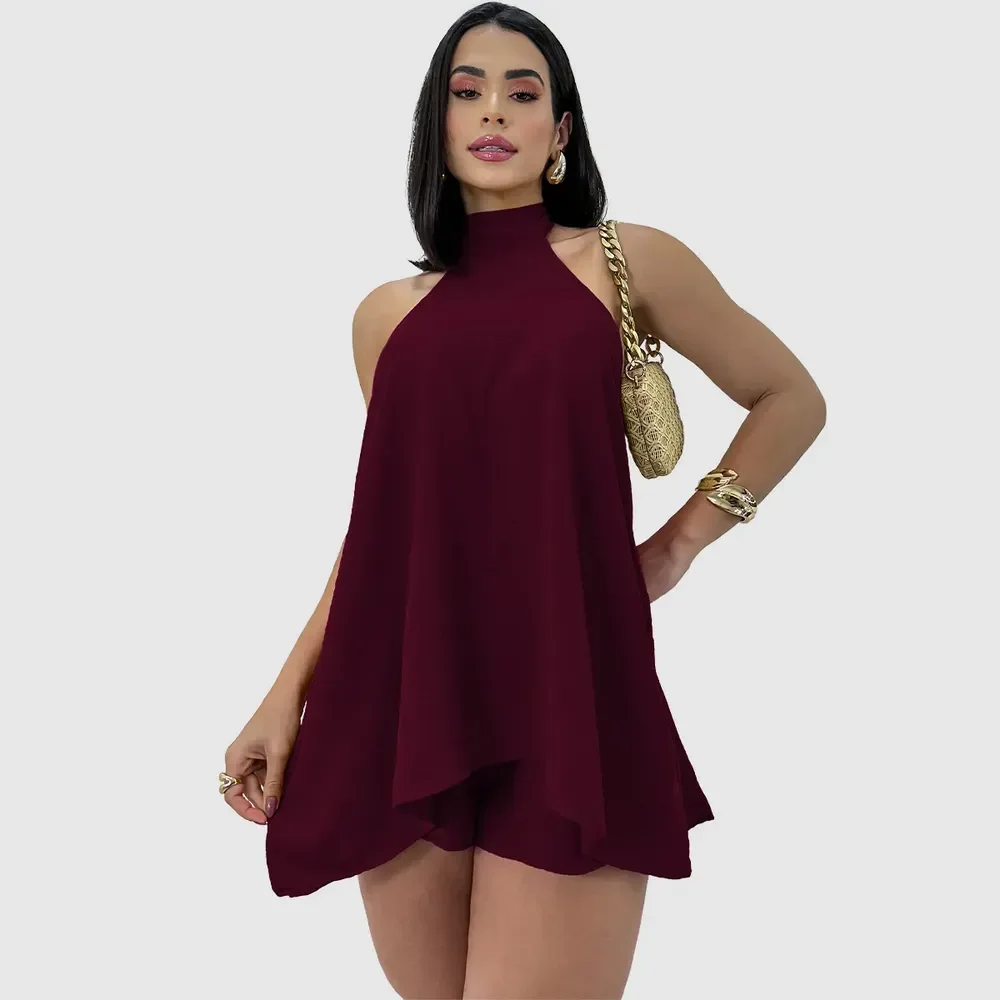 Conjunto Feminino Vestido Soltinho Frente Unica Short Verão Vinho Único