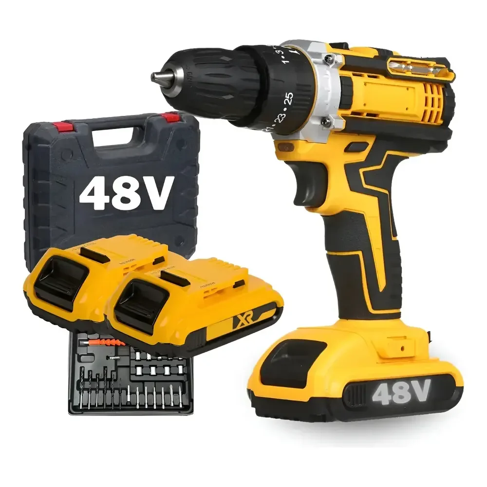 Parafusadeira Furadeira 48v Profissional 2 Baterias Sem Fio Amarelo 127/220v 50 Hz X 60 Hz