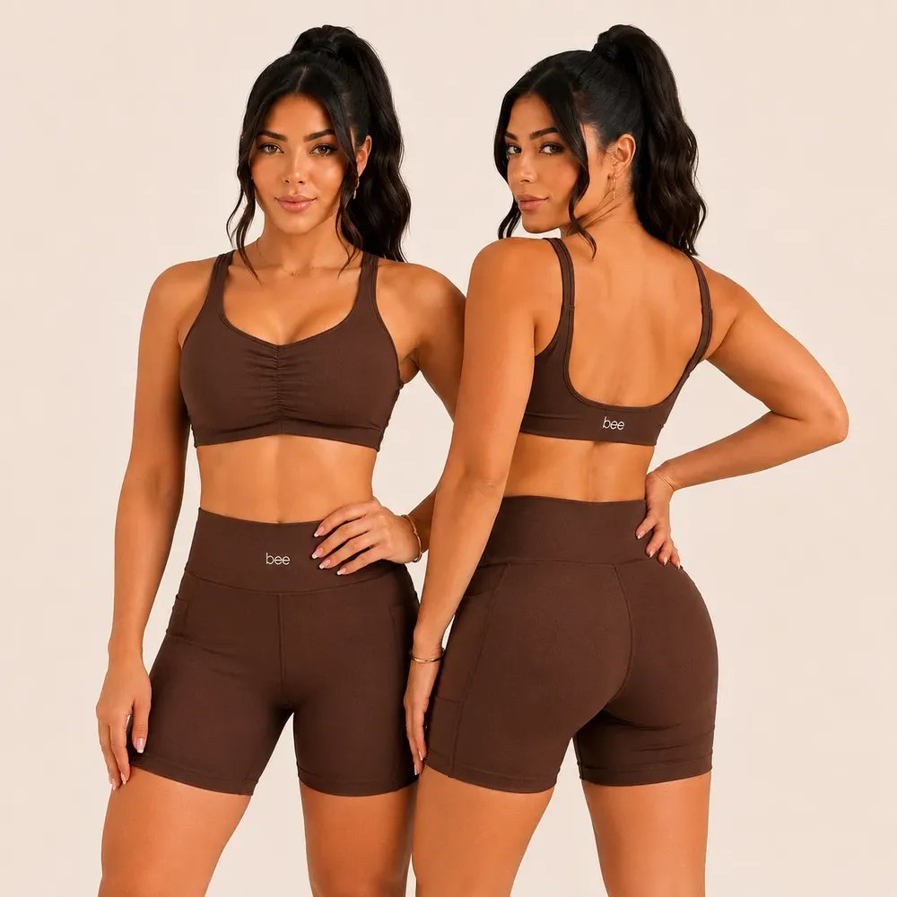 Conjunto Short Com Bolso Feminino Sem Transparencia Top Marrom Liso M
