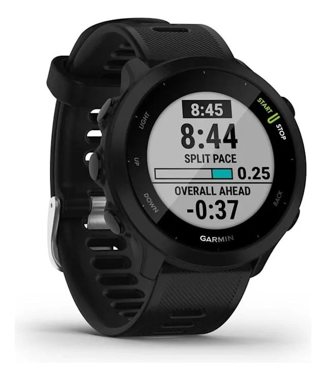 Relógio Garmin Forerunner 55 Monitor Cardíaco Gps 42mm Preto Corrida Caminhada Ciclismo Natação Monitoramento Sono Pace Calorias Distância Cronômetro Resistente Leve Esportivo Unissex Com Gps Rápido