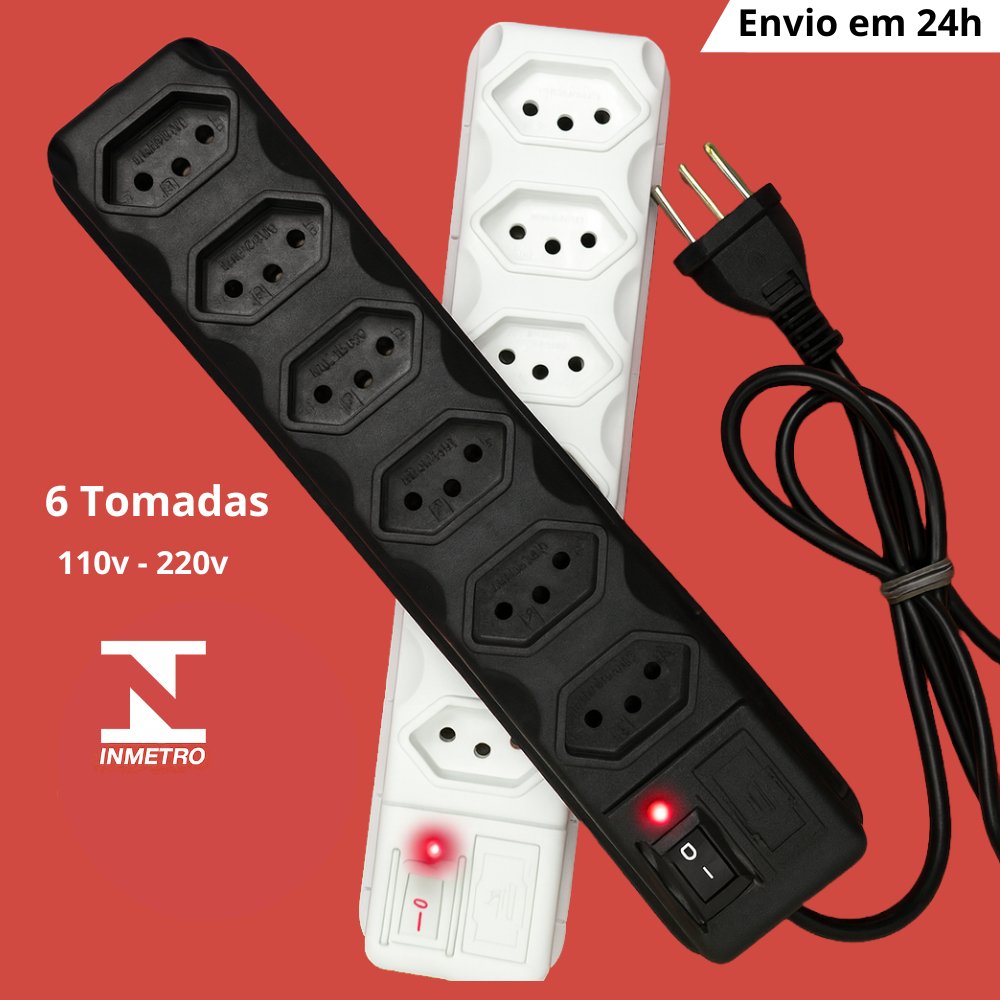 Filtro De Linha Régua De Tomadas  Com Fusível Tripolar 10 Amperes – 3 E 6 Tomadas