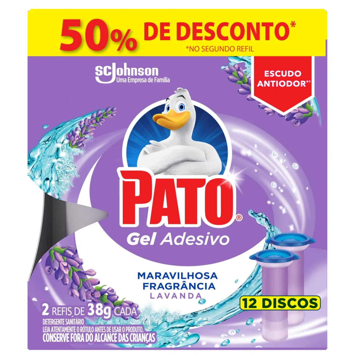 Pato Desodorizador Sanitário Gel Adesivo 2 Refis Lavanda, 12 Discos